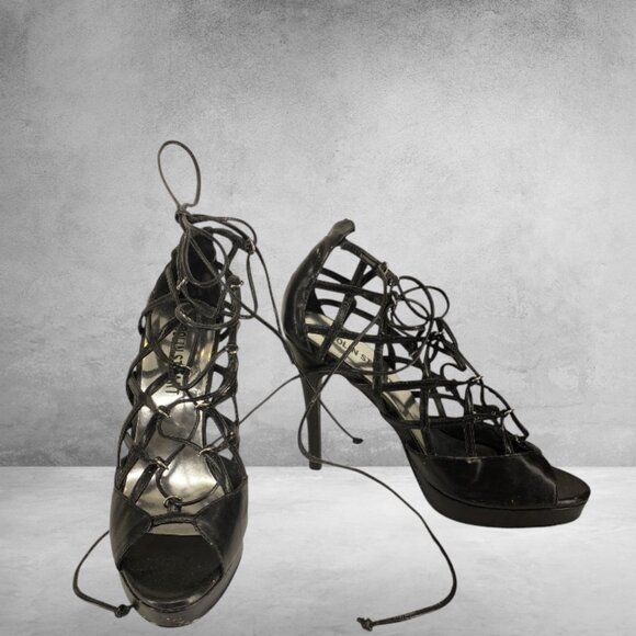 COLIN STUART -- Black Lace-Up Stiletto Heels, Ultra High, Platform, Rarely Worn - Picture 1 of 9